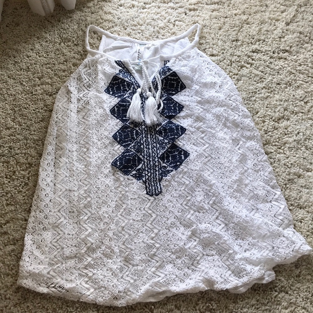 White and navy lace top